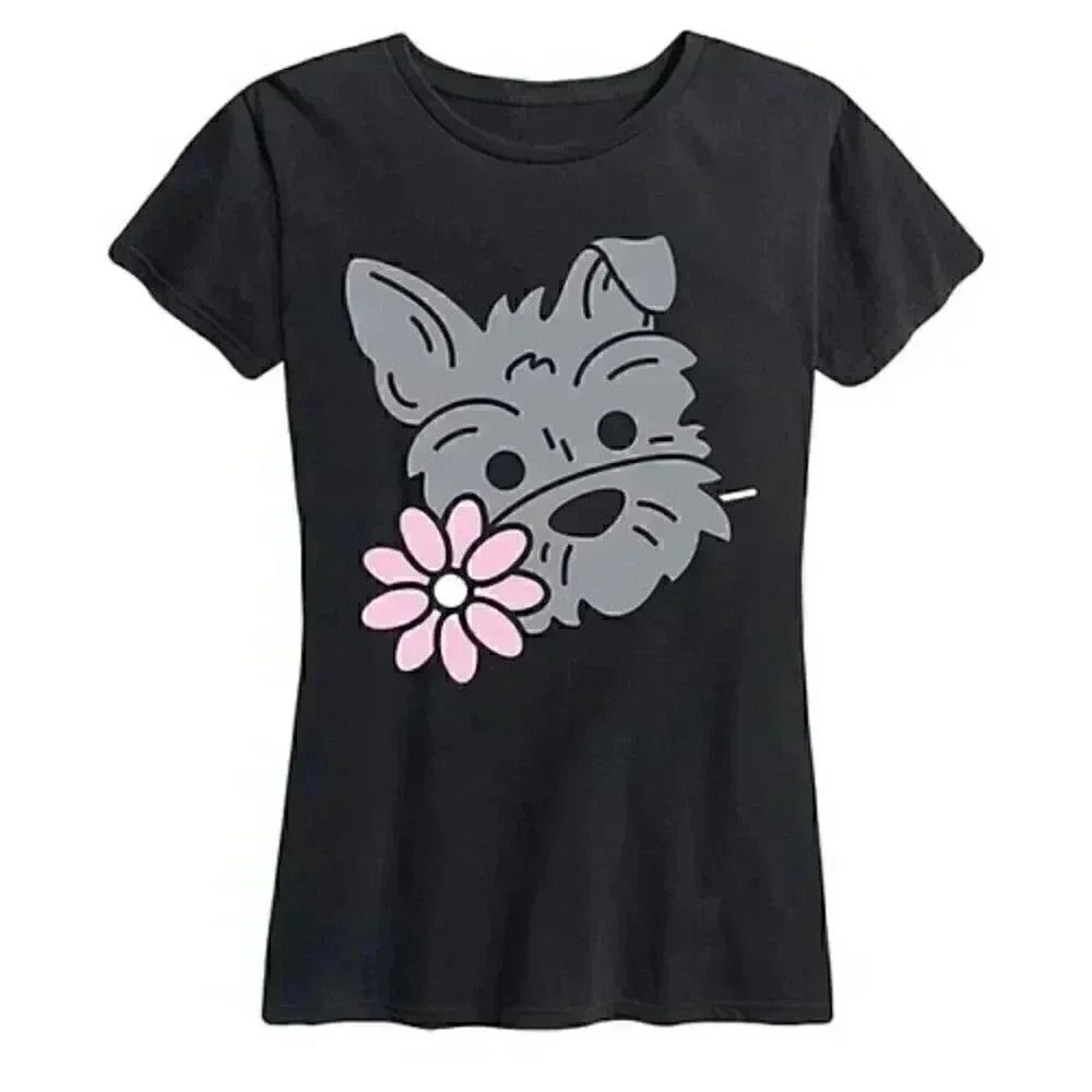 Instant Message Women's Black Cotton Schnauzer w Flower Short Sleeve Round Neck